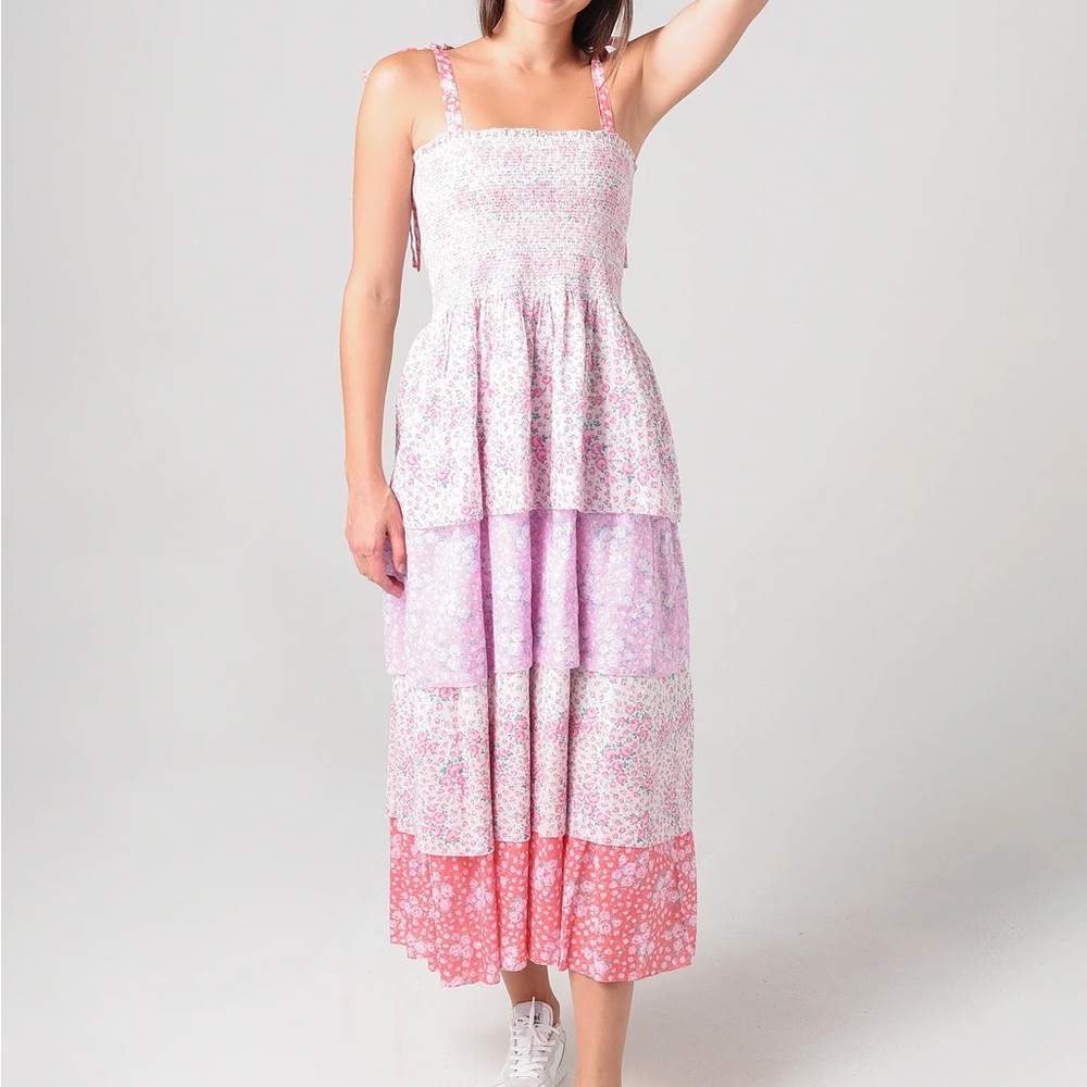 LoveShackFancy Smocked Floral Tiered Maxi Dress with Tie Straps - M - Picture 2 of 3